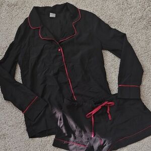 Frederick's of Hollywood Black and Red SatinTrim Pajama Set